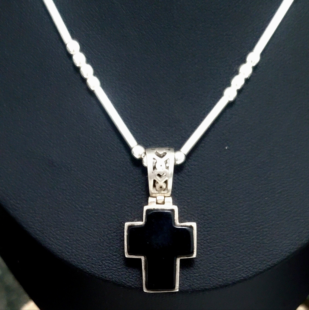 Vintage Sterling Silver Onyx Cross Pendant Necklace